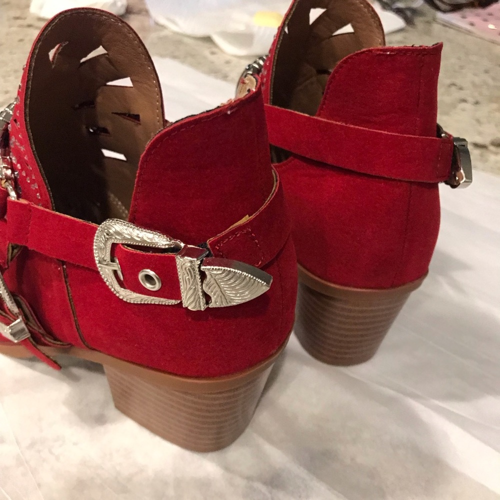 Red Studded Western Ankle Boots with Silver Buckles - Picture 7 of 11